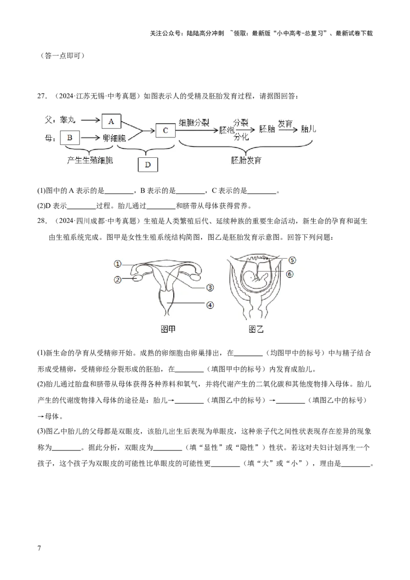 专题11生物的生殖和发育（全国通用）（原卷版）_02中考总复习（2026版更新中）_08-生物-中考总复习_2026年中考复习（更新中）