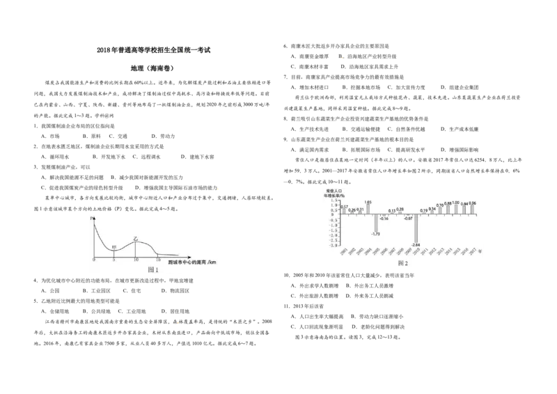 2018年高考地理（原卷版）（海南卷）_全国卷+地方卷_8.地理_1.地理高考真题试卷_2008-2020年_地方卷_海南高考地理08-20_A3word版_原卷版
