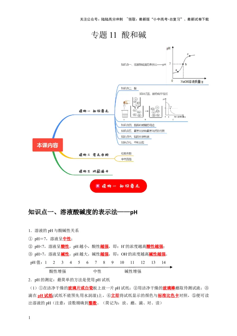 专题11酸和碱（解析版）_02中考总复习（2026版更新中）_05-化学-中考总复习_2024年中考复习资料_专项复习资料_2024年中考化学复习考点一遍过（全国通用）