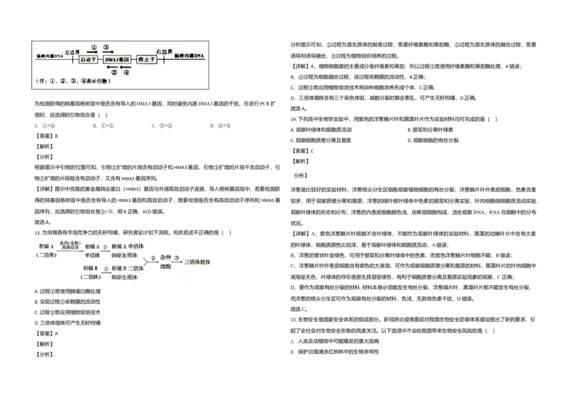 2020年北京市高考生物试卷（解析版）_全国卷+地方卷_6.生物_1.生物高考真题试卷_2008-2020年_地方卷_北京高考生物08-21_A3word版