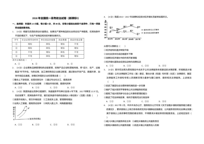 2018年全国统一高考政治试卷（新课标Ⅰ）（原卷版）_全国卷+地方卷_9.政治_1.政治高考真题试卷_2008-2020年_全国卷_全国统一高考政治（新课标ⅰ）08-20_A3word版