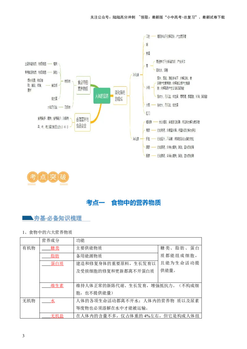 专题10人体的营养（讲义）（解析版）_02中考总复习（2026版更新中）_08-生物-中考总复习_2024年中考复习资料_一轮复习_❤2024年中考生物一轮复习讲练测（全国通用）_讲义