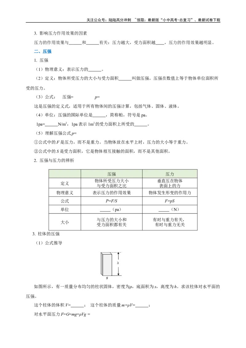 专题09压强（知识梳理+典例+练习）-2024物理中考一轮复习精品资料（学生版）_02中考总复习（2026版更新中）_04-物理-中考总复习_2024年中考复习资料_一轮复习_配套练习