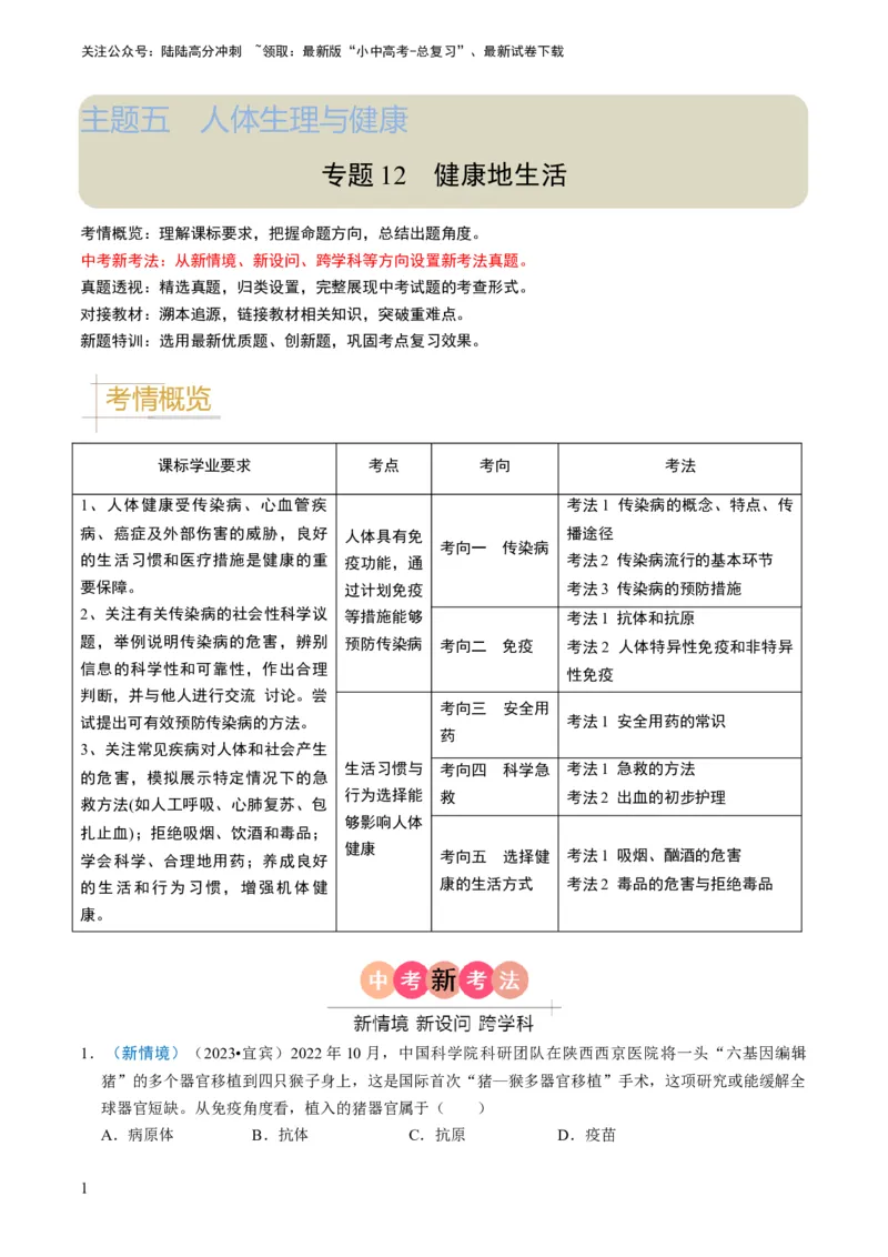 专题12健康地生活（原卷版）_02中考总复习（2026版更新中）_08-生物-中考总复习_2024年中考复习资料_专项复习_备战2024年中考生物真题题源解密
