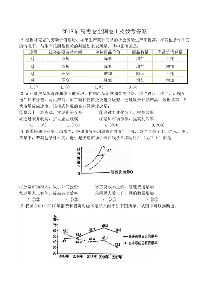 2018政治高考全国卷1及参考答案_全国卷+地方卷_9.政治_1.政治高考真题试卷_2008-2020年_地方卷_广东高考政治08-20