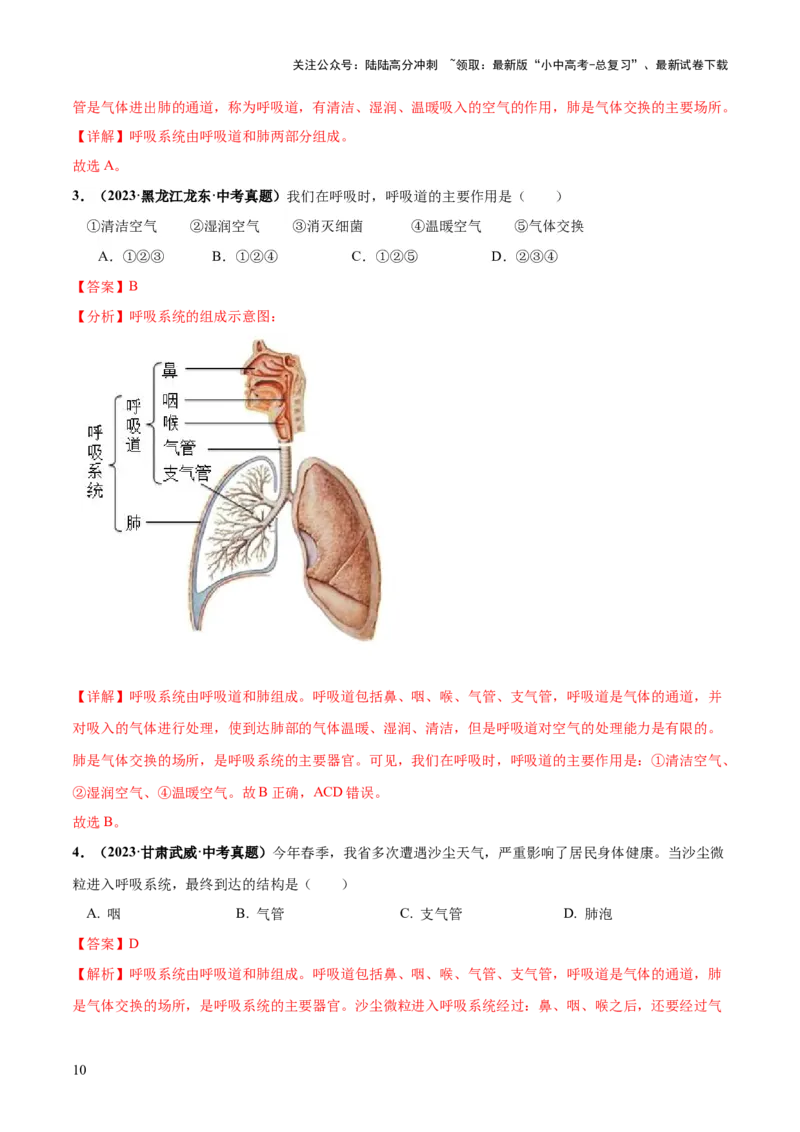 专题11人体的呼吸（练习）（解析版）_02中考总复习（2026版更新中）_08-生物-中考总复习_2024年中考复习资料_一轮复习_❤2024年中考生物一轮复习讲练测（全国通用）_练习