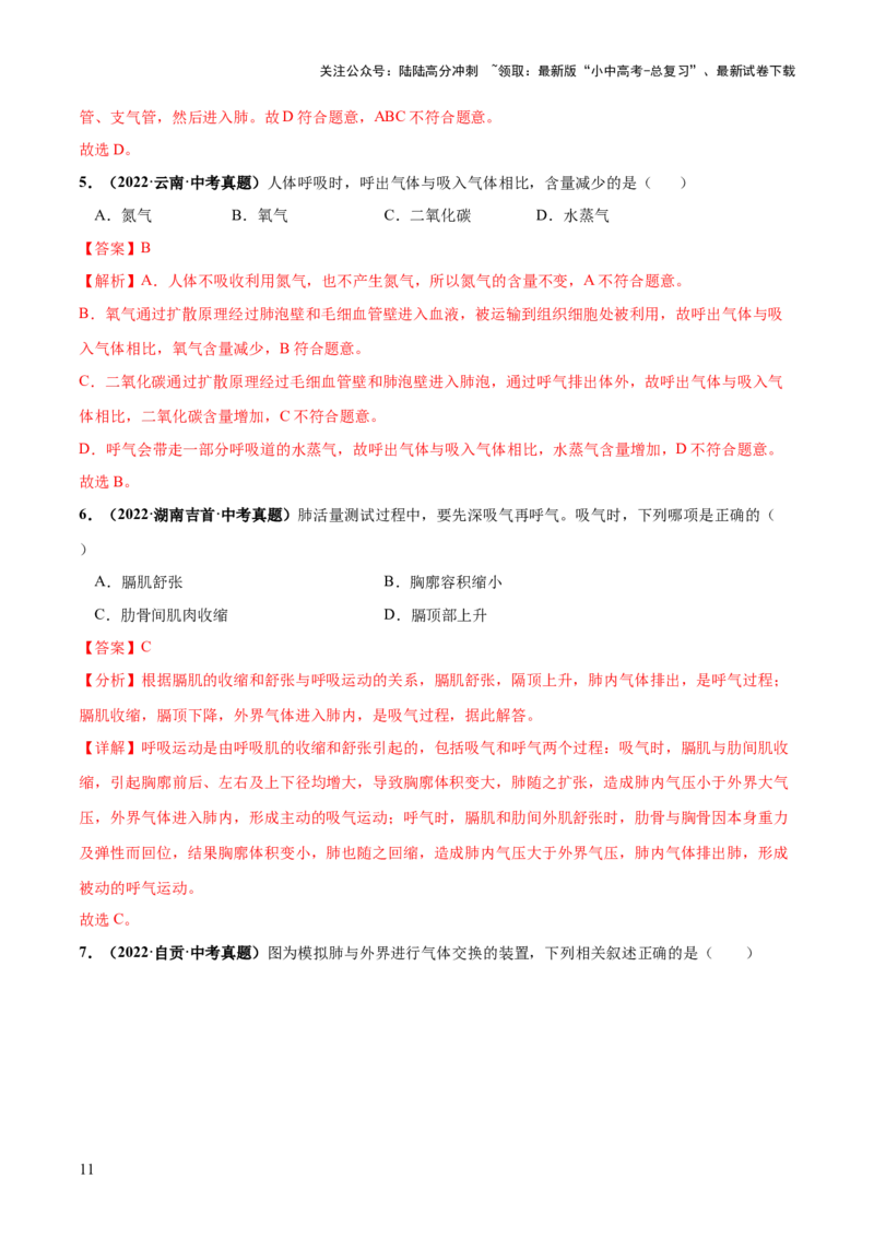 专题11人体的呼吸（练习）（解析版）_02中考总复习（2026版更新中）_08-生物-中考总复习_2024年中考复习资料_一轮复习_❤2024年中考生物一轮复习讲练测（全国通用）_练习
