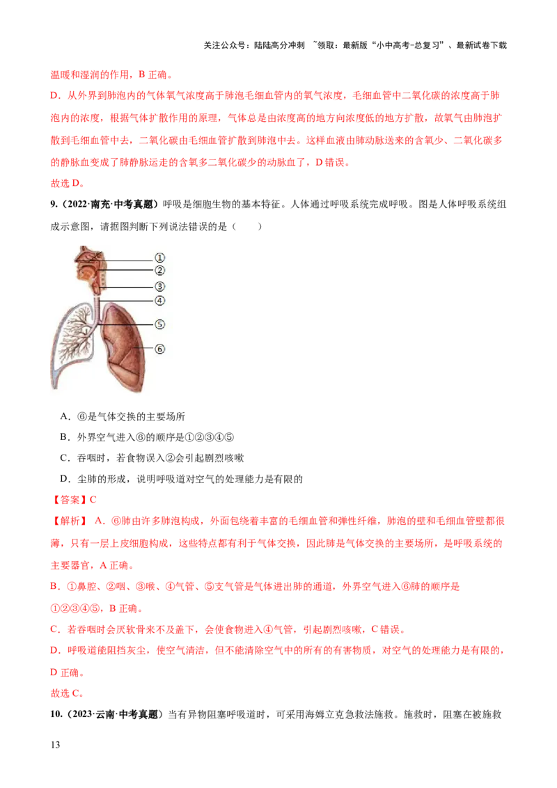 专题11人体的呼吸（练习）（解析版）_02中考总复习（2026版更新中）_08-生物-中考总复习_2024年中考复习资料_一轮复习_❤2024年中考生物一轮复习讲练测（全国通用）_练习