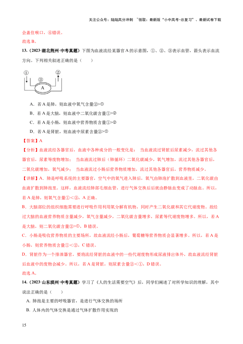 专题11人体的呼吸（练习）（解析版）_02中考总复习（2026版更新中）_08-生物-中考总复习_2024年中考复习资料_一轮复习_❤2024年中考生物一轮复习讲练测（全国通用）_练习