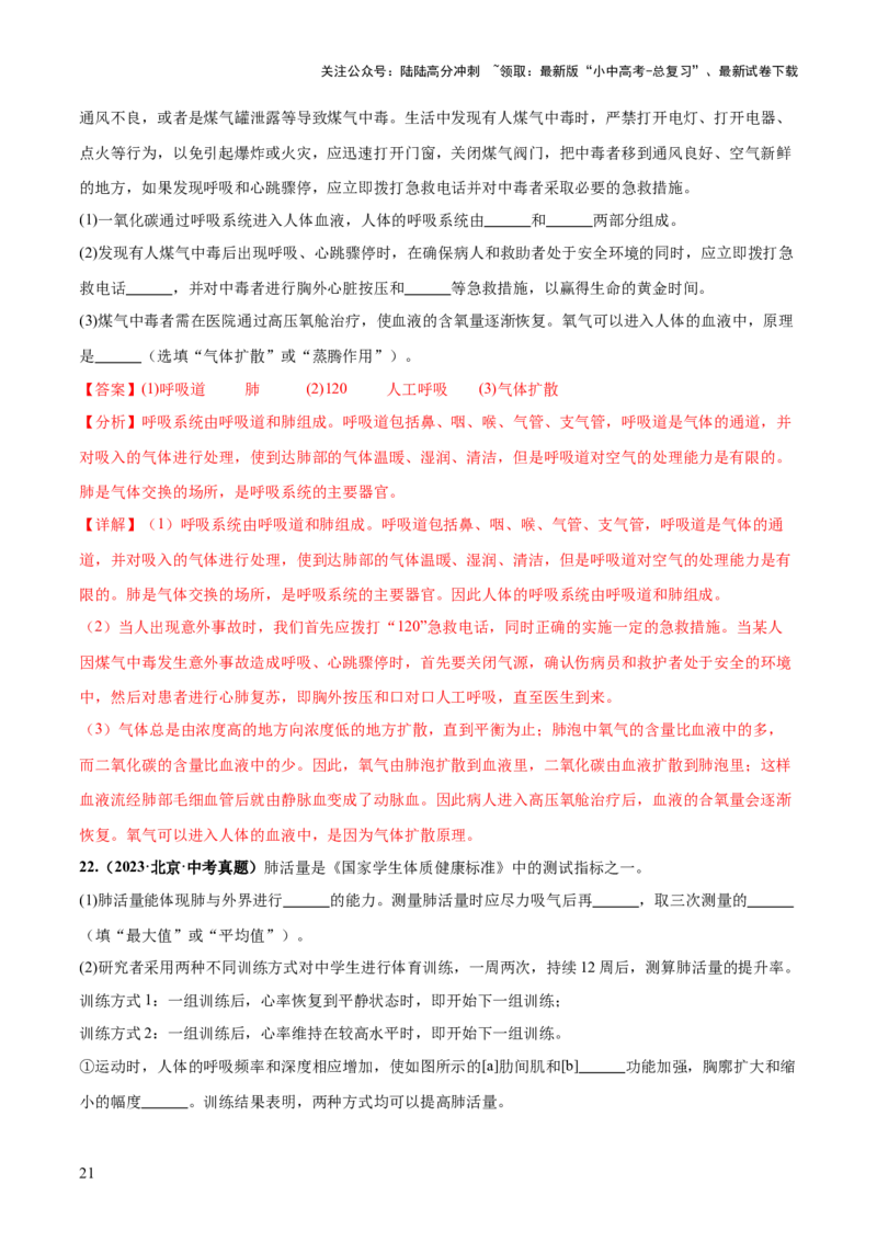 专题11人体的呼吸（练习）（解析版）_02中考总复习（2026版更新中）_08-生物-中考总复习_2024年中考复习资料_一轮复习_❤2024年中考生物一轮复习讲练测（全国通用）_练习