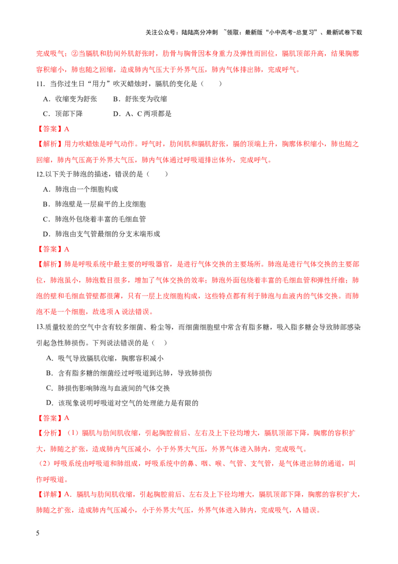 专题11人体的呼吸（练习）（解析版）_02中考总复习（2026版更新中）_08-生物-中考总复习_2024年中考复习资料_一轮复习_❤2024年中考生物一轮复习讲练测（全国通用）_练习