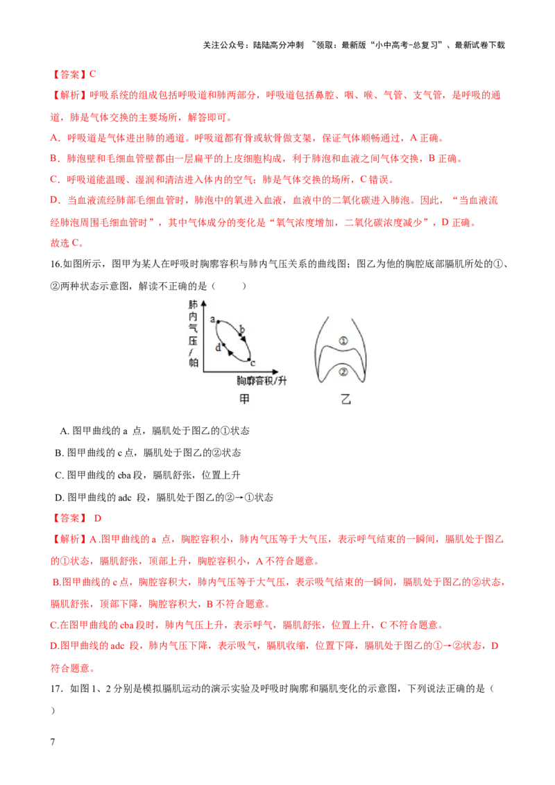 专题11人体的呼吸（练习）（解析版）_02中考总复习（2026版更新中）_08-生物-中考总复习_2024年中考复习资料_一轮复习_❤2024年中考生物一轮复习讲练测（全国通用）_练习