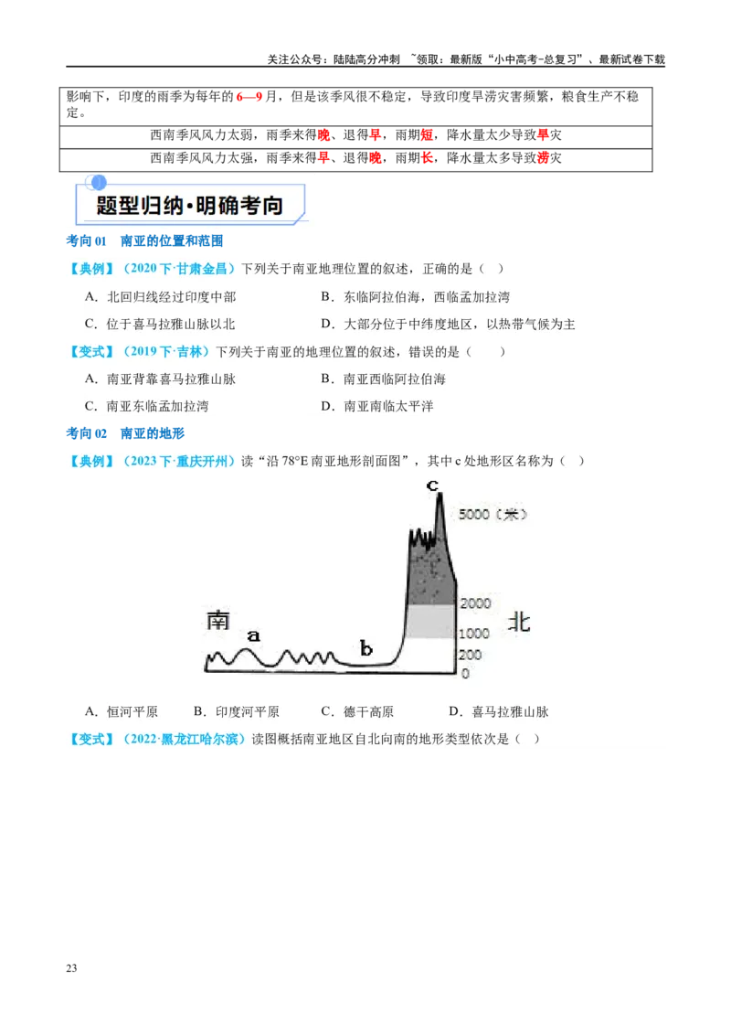 专题10东南亚和南亚（讲义）（原卷版）_02中考总复习（2026版更新中）_09-地理-中考总复习_2024年中考复习资料_一轮复习_❤2024年中考地理一轮复习讲练测（全国通用）_配套讲义