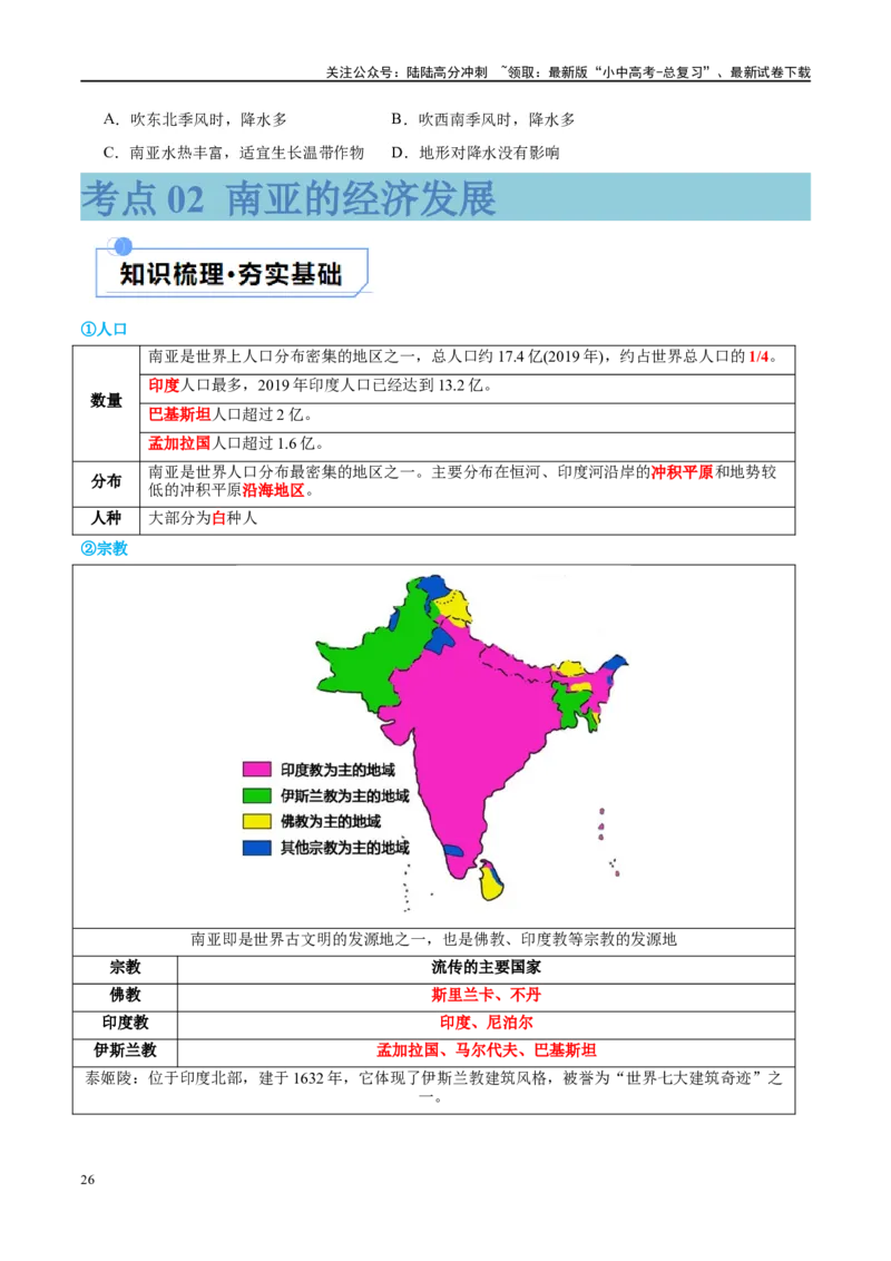 专题10东南亚和南亚（讲义）（原卷版）_02中考总复习（2026版更新中）_09-地理-中考总复习_2024年中考复习资料_一轮复习_❤2024年中考地理一轮复习讲练测（全国通用）_配套讲义
