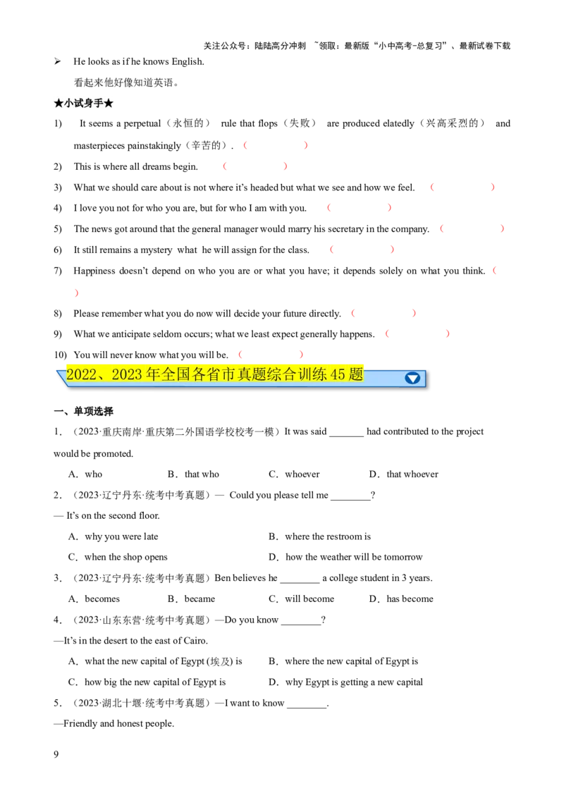 专题10名词性从句知识梳理-口袋书2024年中考英语一轮复习知识清单（全国通用）（原卷版）_02中考总复习（2026版更新中）_03-英语-中考总复习_2024年中考复习资料_一轮复习