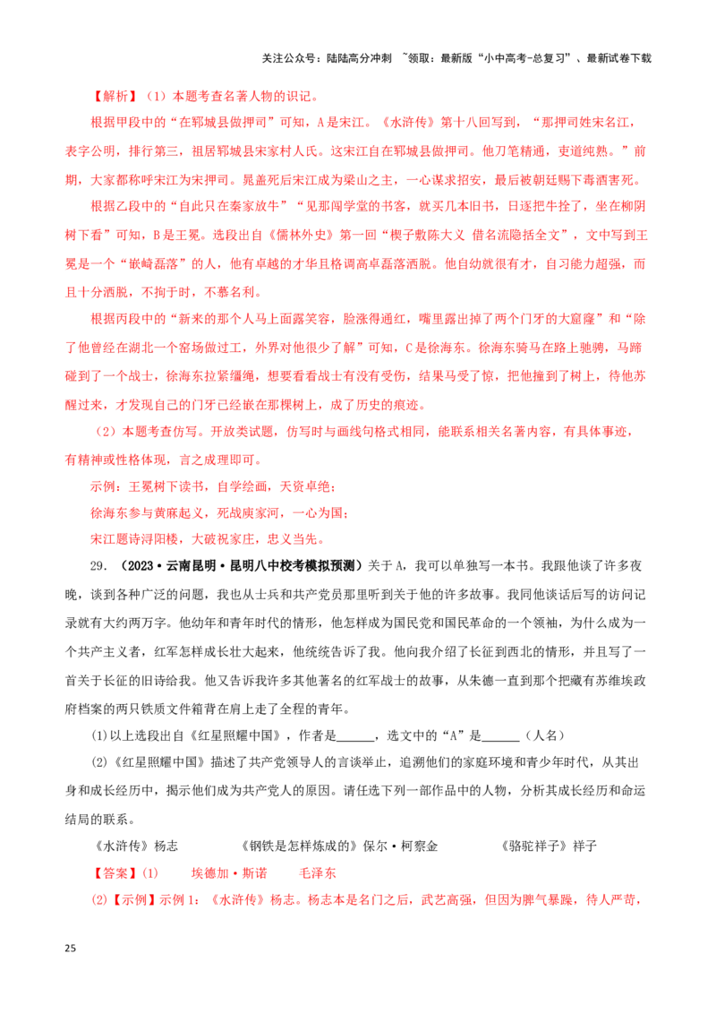 专题10《水浒传》真题精练（综合题）（解析版）－备战2024年中考语文名著阅读知识（考点）梳理+真题演练_02中考总复习（2026版更新中）_01-语文-中考总复习_2024年中考资料_专项复习资料