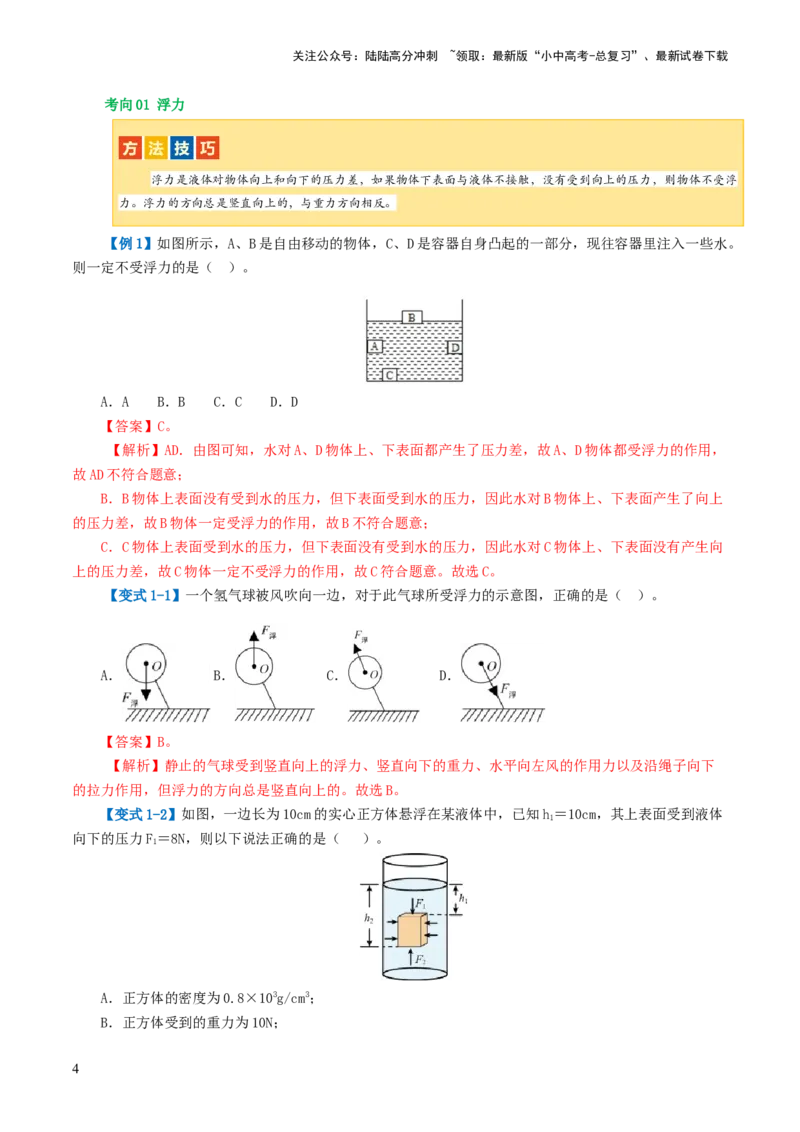 专题11浮力（3考点+8考向）（讲义）（解析版）_02中考总复习（2026版更新中）_04-物理-中考总复习_2024年中考复习资料_一轮复习_配套讲义（原卷版+解析版）