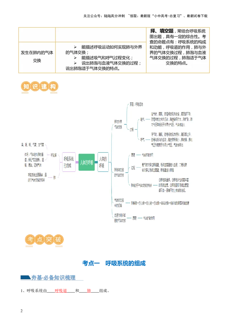 专题11人体的呼吸（讲义）（解析版）_02中考总复习（2026版更新中）_08-生物-中考总复习_2024年中考复习资料_一轮复习_❤2024年中考生物一轮复习讲练测（全国通用）_讲义