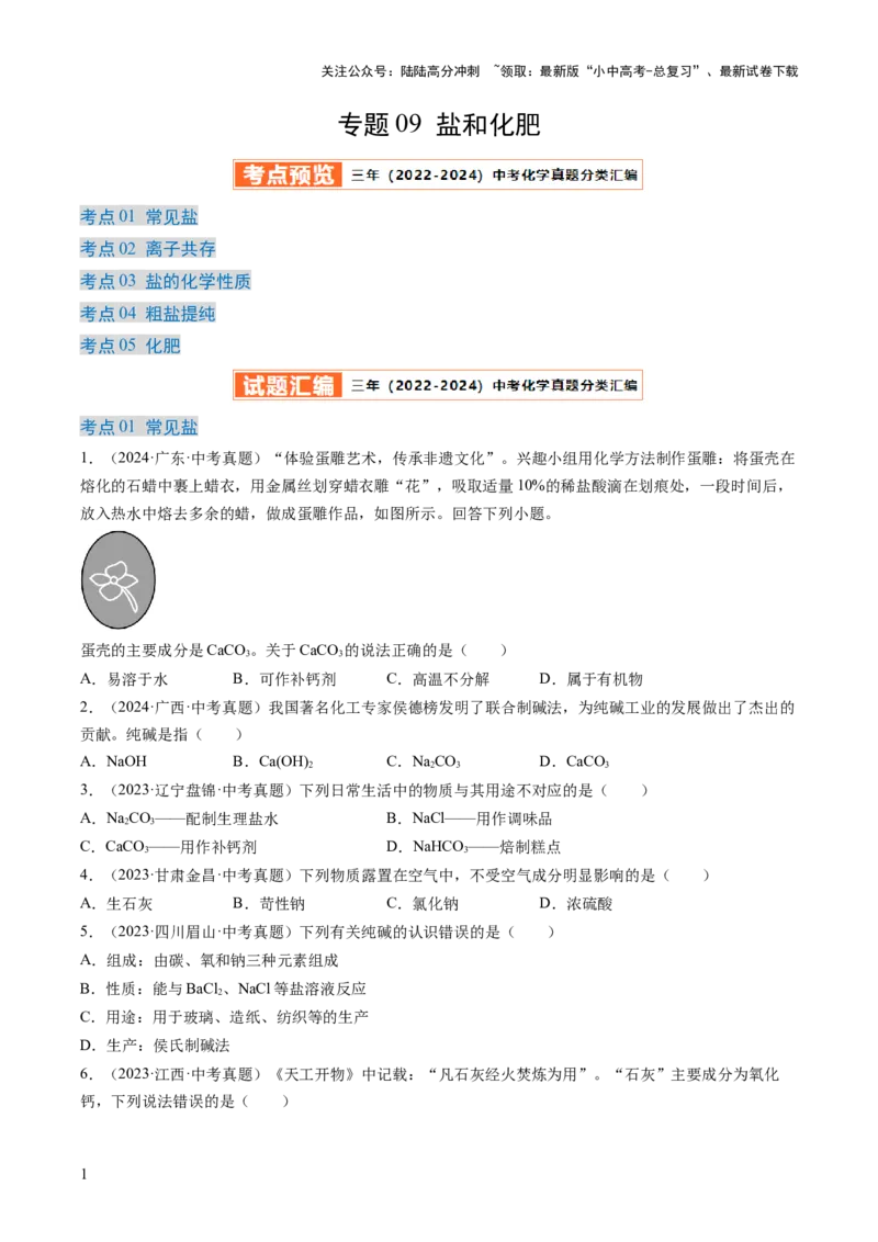 专题09盐和化肥（原卷版）-好题汇编三年（2022-2024）中考化学真题分类汇编（全国通用）_02中考总复习（2026版更新中）_05-化学-中考总复习_2025年中考复习资料