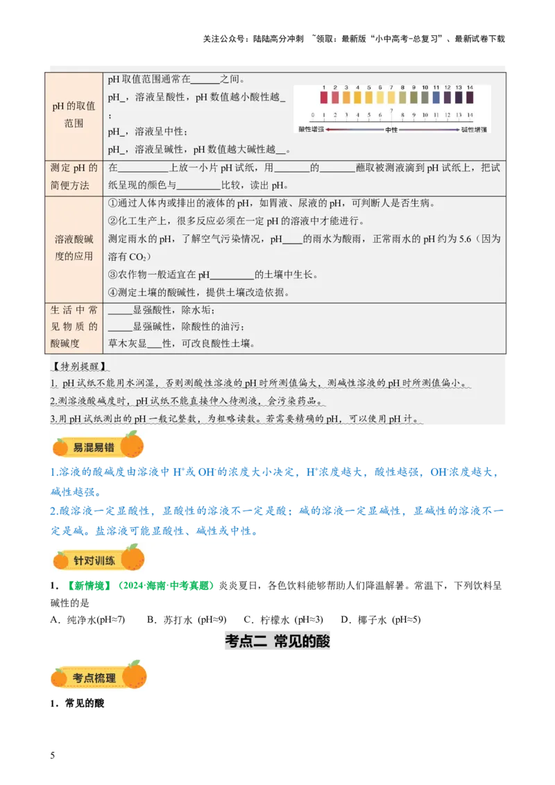 专题09常见的酸和碱（讲义）（原卷版）_02中考总复习（2026版更新中）_05-化学-中考总复习_2025年中考复习资料_2025中考化学一轮复习讲义+课件_讲义_专题09常见的酸和碱（讲义）
