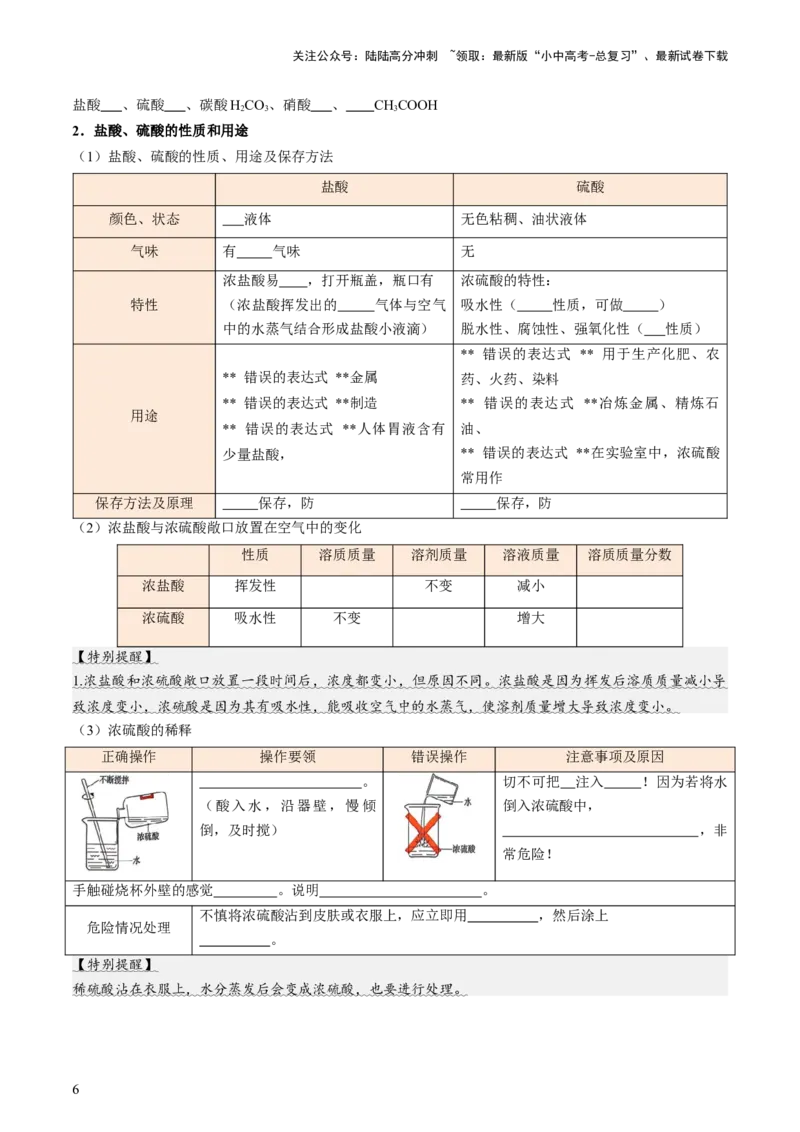 专题09常见的酸和碱（讲义）（原卷版）_02中考总复习（2026版更新中）_05-化学-中考总复习_2025年中考复习资料_2025中考化学一轮复习讲义+课件_讲义_专题09常见的酸和碱（讲义）