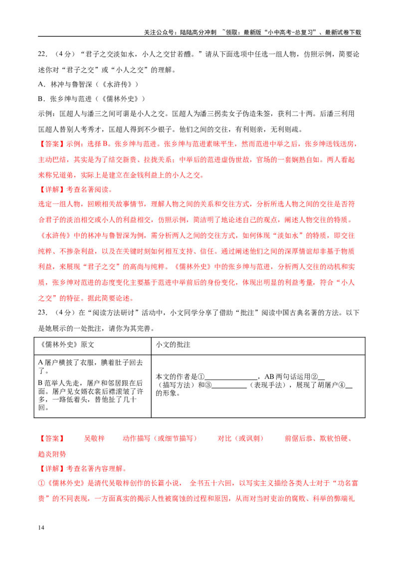 专题11《儒林外史》-2025年中考语文名著导读分层闯关训练（解析版）_02中考总复习（2026版更新中）_01-语文-中考总复习_2025年中考资料_2025年中考语文名著导读分层闯关训练