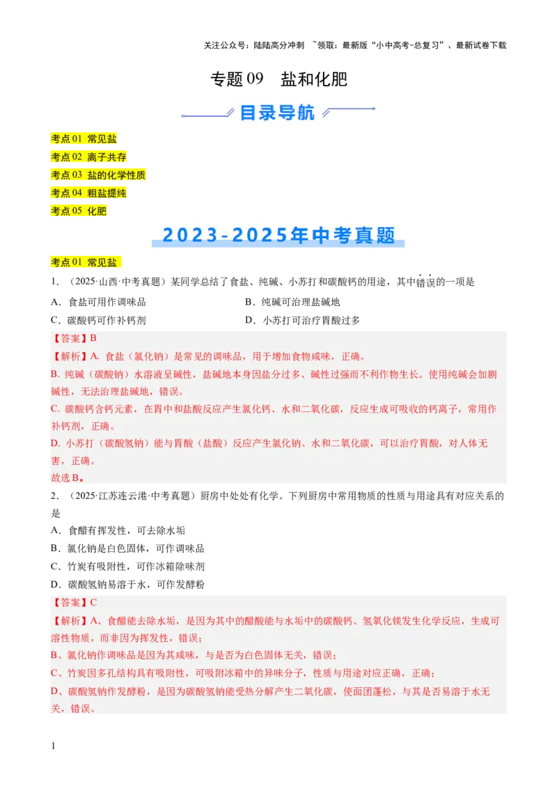 专题09盐和化肥（解析版）_02中考总复习（2026版更新中）_05-化学-中考总复习_2026年中考复习（更新中）_好题汇编三年（2023-2025）中考化学真题分类汇编（全国通用）
