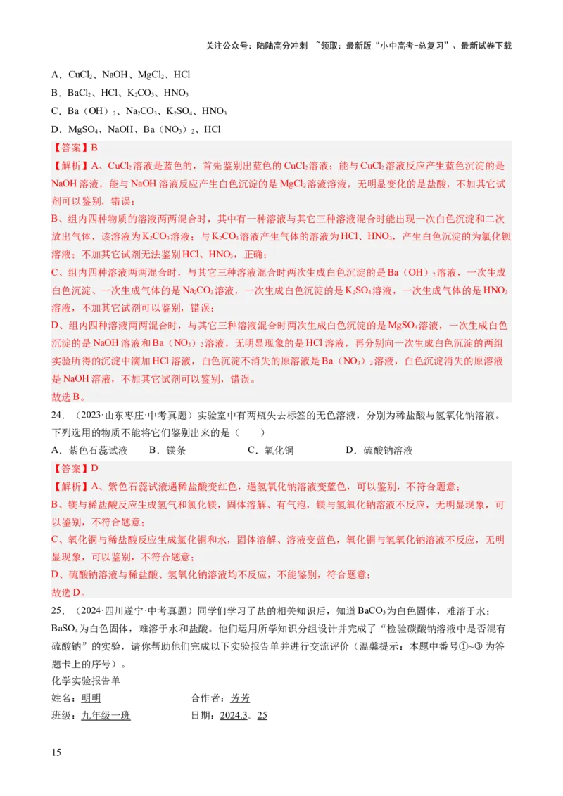 专题09盐和化肥（解析版）_02中考总复习（2026版更新中）_05-化学-中考总复习_2026年中考复习（更新中）_好题汇编三年（2023-2025）中考化学真题分类汇编（全国通用）