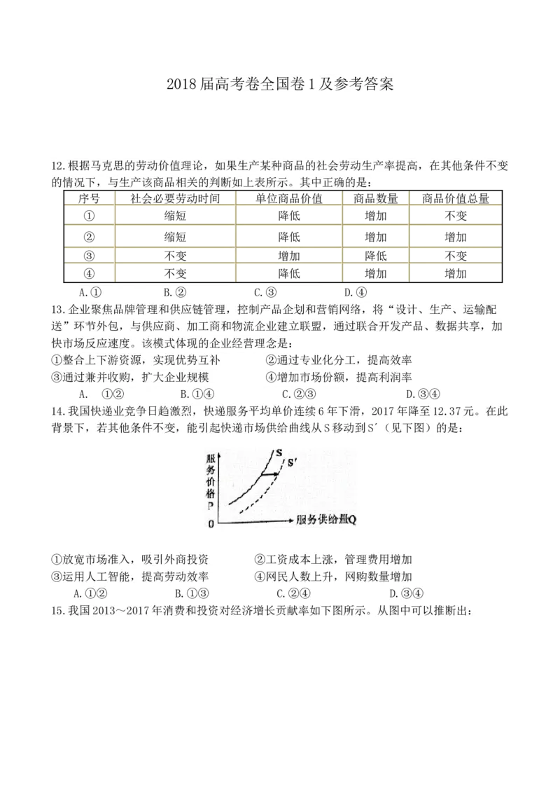 2018年高考真题政治（山东卷）（解析版）_全国卷+地方卷_9.政治_1.政治高考真题试卷_2008-2020年_地方卷_山东高考政治08-21_山东高考政治_A4版