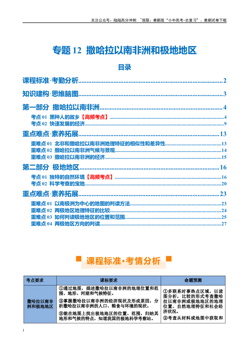 专题12撒哈拉以南的非洲和极地地区（讲义）（原卷版）_02中考总复习（2026版更新中）_09-地理-中考总复习_2024年中考复习资料_一轮复习_❤2024年中考地理一轮复习讲练测（全国通用）