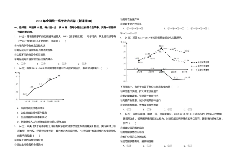 2018年全国统一高考政治试卷（新课标Ⅲ）（原卷版）_全国卷+地方卷_9.政治_1.政治高考真题试卷_2008-2020年_全国卷_全国统一高考政治（新课标ⅲ）16-20_A3word版