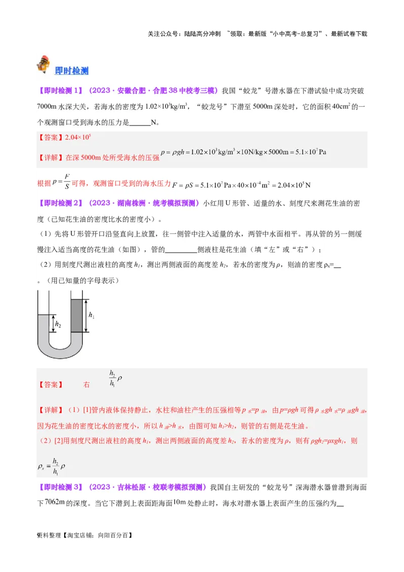 专题11液体压强（解析版）_02中考总复习（2026版更新中）_04-物理-中考总复习_2024年中考复习资料_一轮复习_完备战2024年中考物理一轮复习考点帮（全国通用）_教师版（含答案解析）