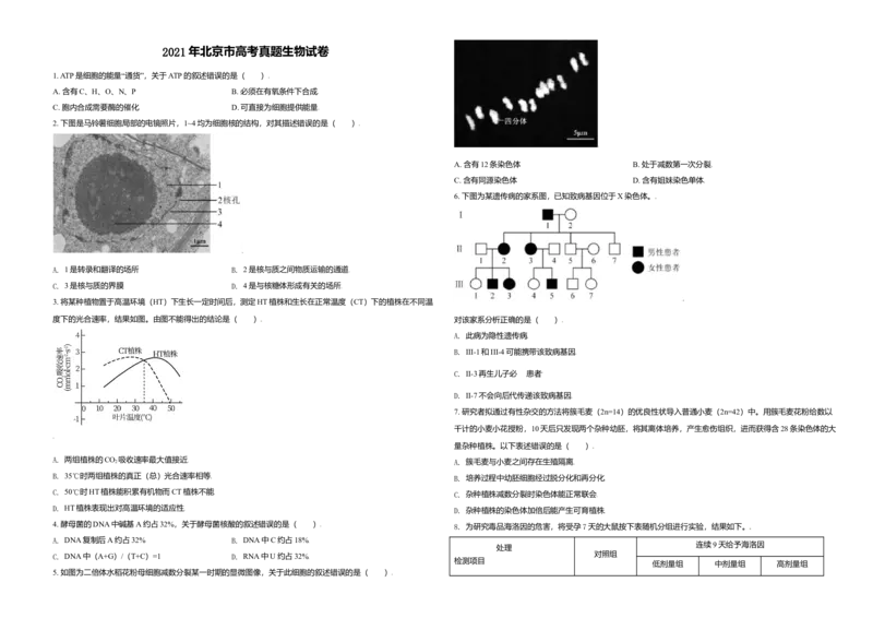 2021年北京市高考生物试卷（原卷版）_全国卷+地方卷_6.生物_1.生物高考真题试卷_2008-2020年_地方卷_北京高考生物08-21_A3word版