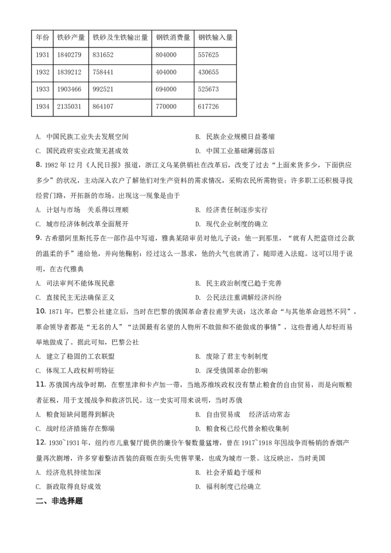 2021年全国甲卷文综历史试题（原卷版）_全国卷+地方卷_7.历史_1.历史高考真题试卷_2021年高考-历史_2021全国甲卷-文综历史