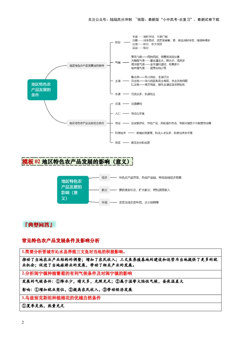 专题12地区特色农产品发展评价类（答题模板）（原卷版）_02中考总复习（2026版更新中）_09-地理-中考总复习_2025中考地理复习资料_2025年中考地理答题方法模板