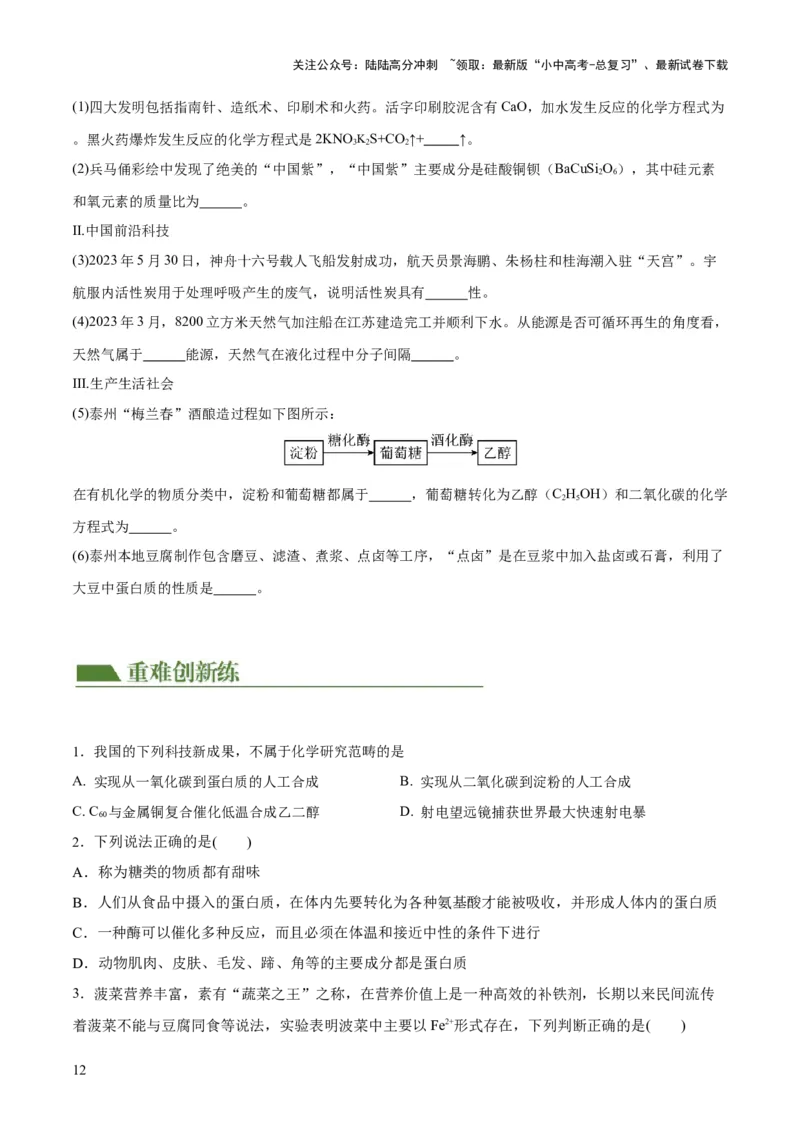 专题12化学与生活（练习）-2024年中考化学一轮复习讲练测（全国通用）（原卷版）_02中考总复习（2026版更新中）_05-化学-中考总复习_2024年中考复习资料_一轮复习资料