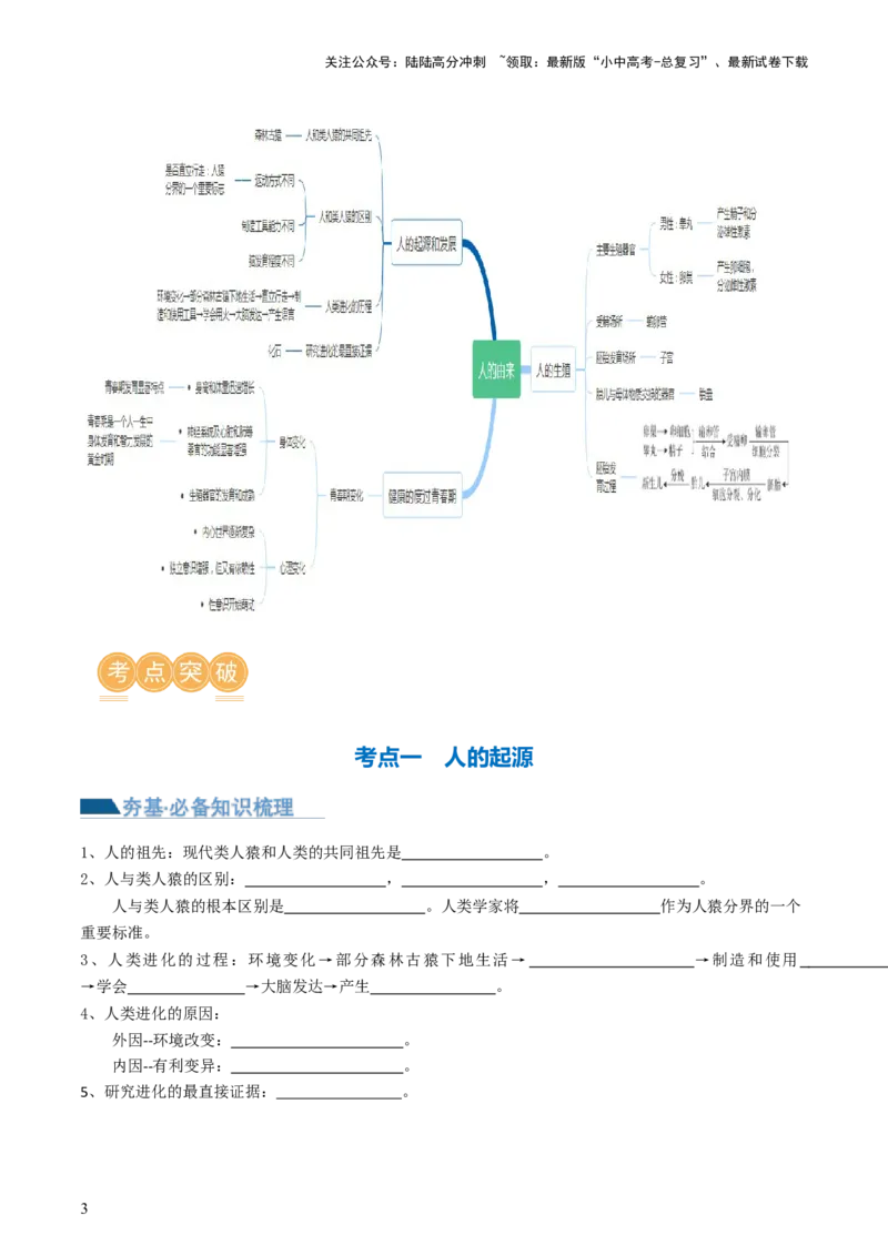 专题09人的由来（讲义）（原卷版）_02中考总复习（2026版更新中）_08-生物-中考总复习_2024年中考复习资料_一轮复习_❤2024年中考生物一轮复习讲练测（全国通用）_讲义