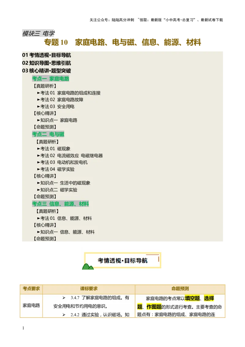 专题10家庭电路、电与磁、信息、能源、材料（讲练）（原卷版）_02中考总复习（2026版更新中）_04-物理-中考总复习_2025年中考复习资料_2025中考二轮课件ppt+讲义+练习物理_讲义+练习