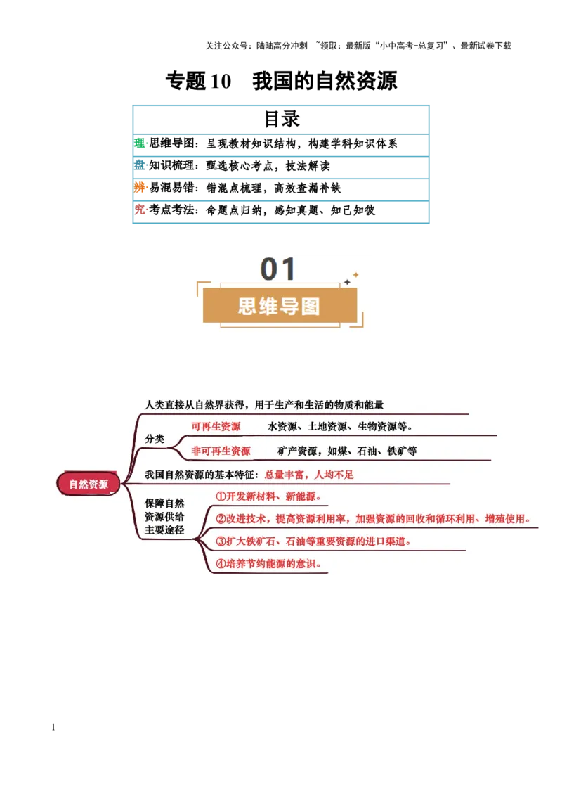 专题10我国的自然资源-2025年中考地理知识点梳理（背诵版）_02中考总复习（2026版更新中）_09-地理-中考总复习_2025中考地理复习资料_2025年中考地理知识点_挖空版+背诵版