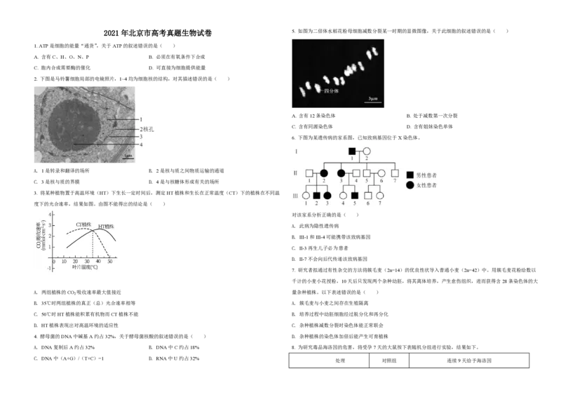 2021年北京市高考生物试卷（原卷版）_全国卷+地方卷_6.生物_1.生物高考真题试卷_2008-2020年_地方卷_北京高考生物08-21_A3word版_PDF版(赠送)
