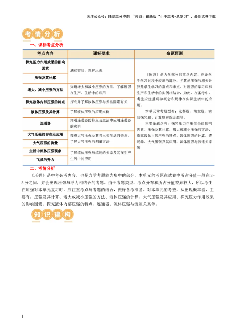 专题10压强（4考点+10考向）（讲义）（原卷版）_02中考总复习（2026版更新中）_04-物理-中考总复习_2024年中考复习资料_一轮复习_配套讲义（原卷版+解析版）