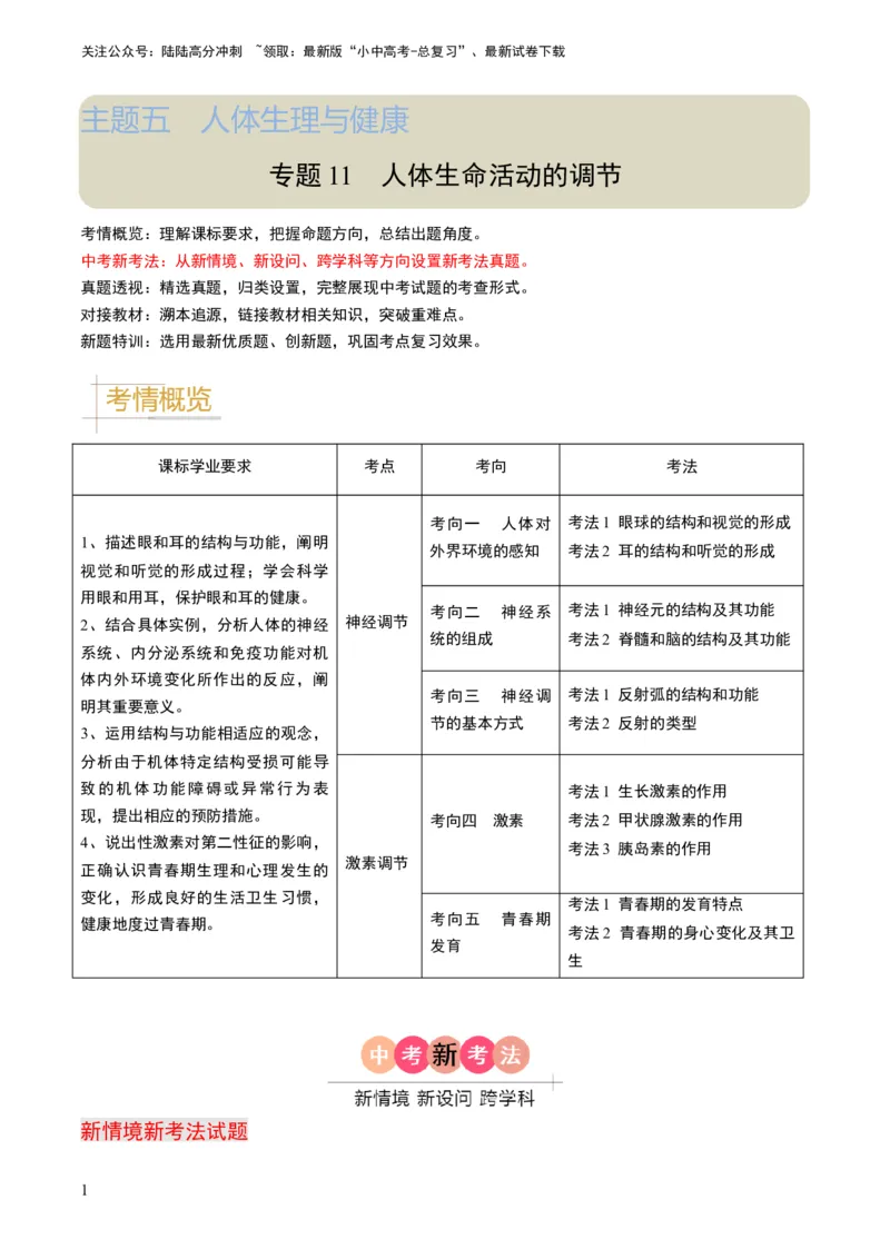 专题11人体生命活动的调节（解析版）_02中考总复习（2026版更新中）_08-生物-中考总复习_2024年中考复习资料_专项复习_备战2024年中考生物真题题源解密