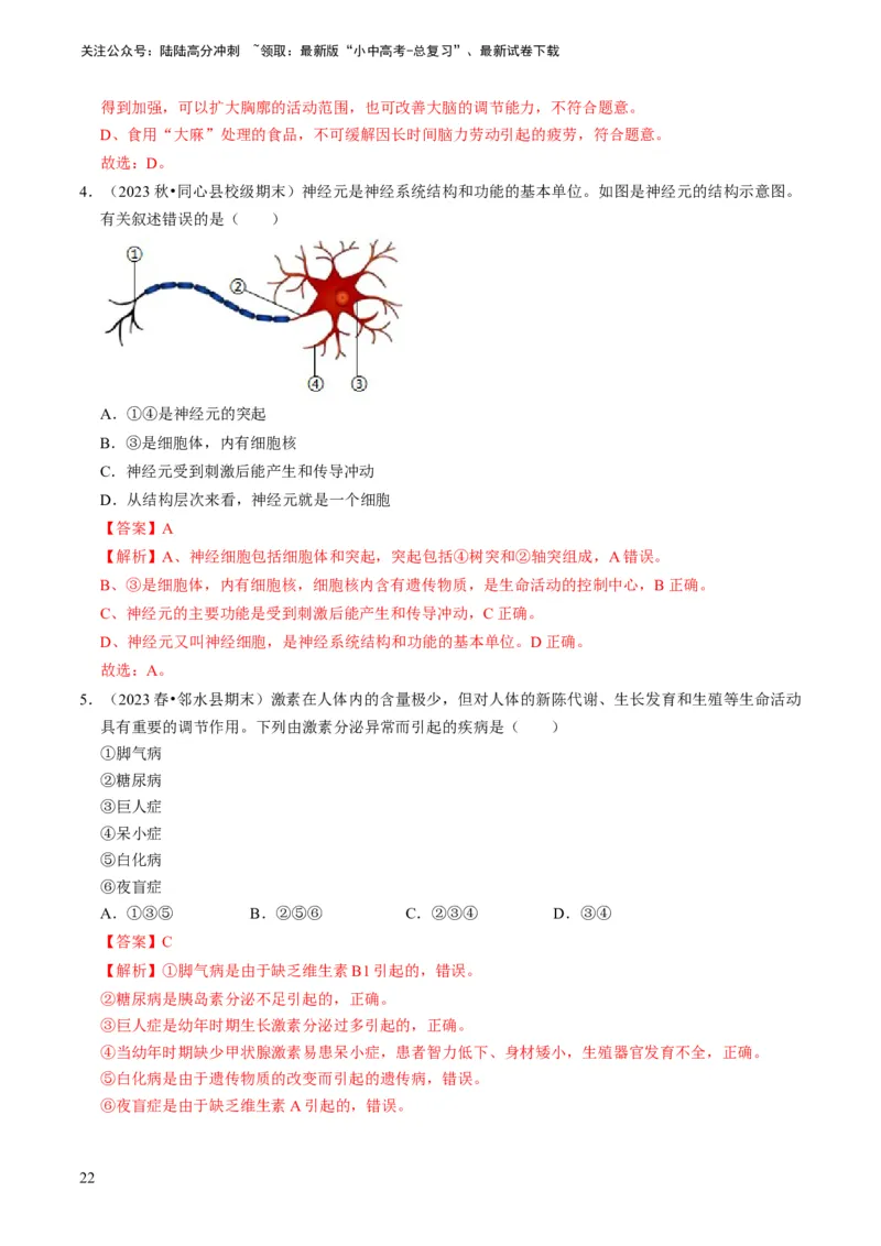 专题11人体生命活动的调节（解析版）_02中考总复习（2026版更新中）_08-生物-中考总复习_2024年中考复习资料_专项复习_备战2024年中考生物真题题源解密