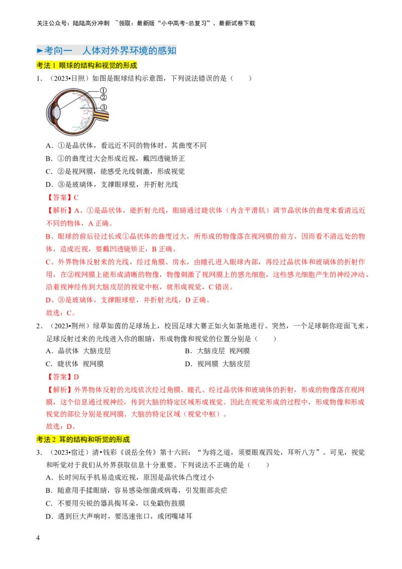 专题11人体生命活动的调节（解析版）_02中考总复习（2026版更新中）_08-生物-中考总复习_2024年中考复习资料_专项复习_备战2024年中考生物真题题源解密