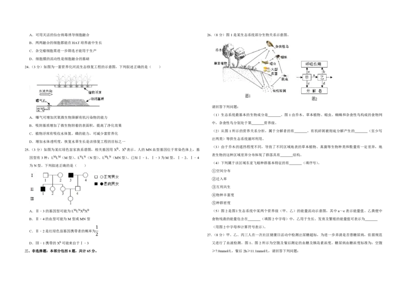 2019年江苏省高考生物试卷_全国卷+地方卷_6.生物_1.生物高考真题试卷_2008-2020年_地方卷_江苏高考生物07-20_A3word版_PDF版（赠送）