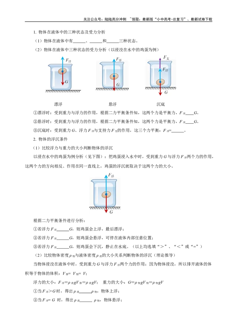 专题10浮力（知识梳理+典例+练习）-2024物理中考一轮复习精品资料（学生版）_02中考总复习（2026版更新中）_04-物理-中考总复习_2024年中考复习资料_一轮复习_配套练习