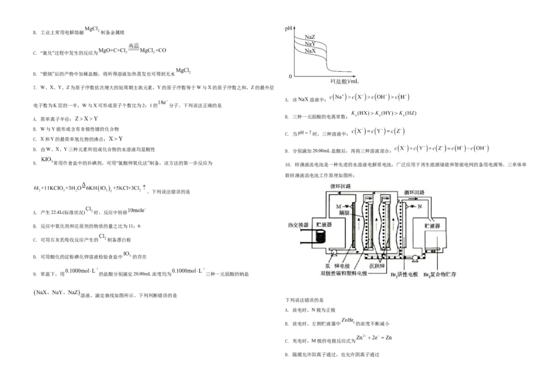 2021年湖南省普通高中学业水平选择性考试化学试题（湖南卷）（原卷版）A3_全国卷+地方卷_5.化学_1.化学高考真题试卷_2021年高考-化学_2021年新高考湖南化学_A3Word版