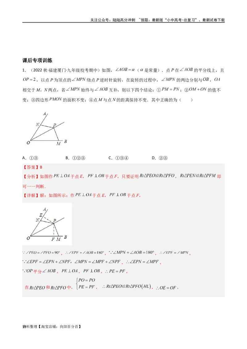 专题12全等模型-角平分线模型（解析版）_02中考总复习（2026版更新中）_02-数学-中考总复习_2024年中考复习资料_专项复习资料_答案解析版