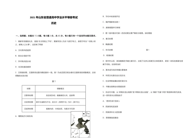 2021年高考真题历史（山东卷）（原卷版）_全国卷+地方卷_7.历史_1.历史高考真题试卷_2008-2020年_地方卷_山东高考历史07-21_山东高考历史_A3版