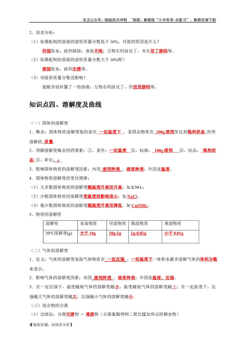 专题10溶液（解析版）_02中考总复习（2026版更新中）_05-化学-中考总复习_2024年中考复习资料_一轮复习资料_完2024年中考化学复习考点一遍过（全国通用）_教师版（含答案解析）